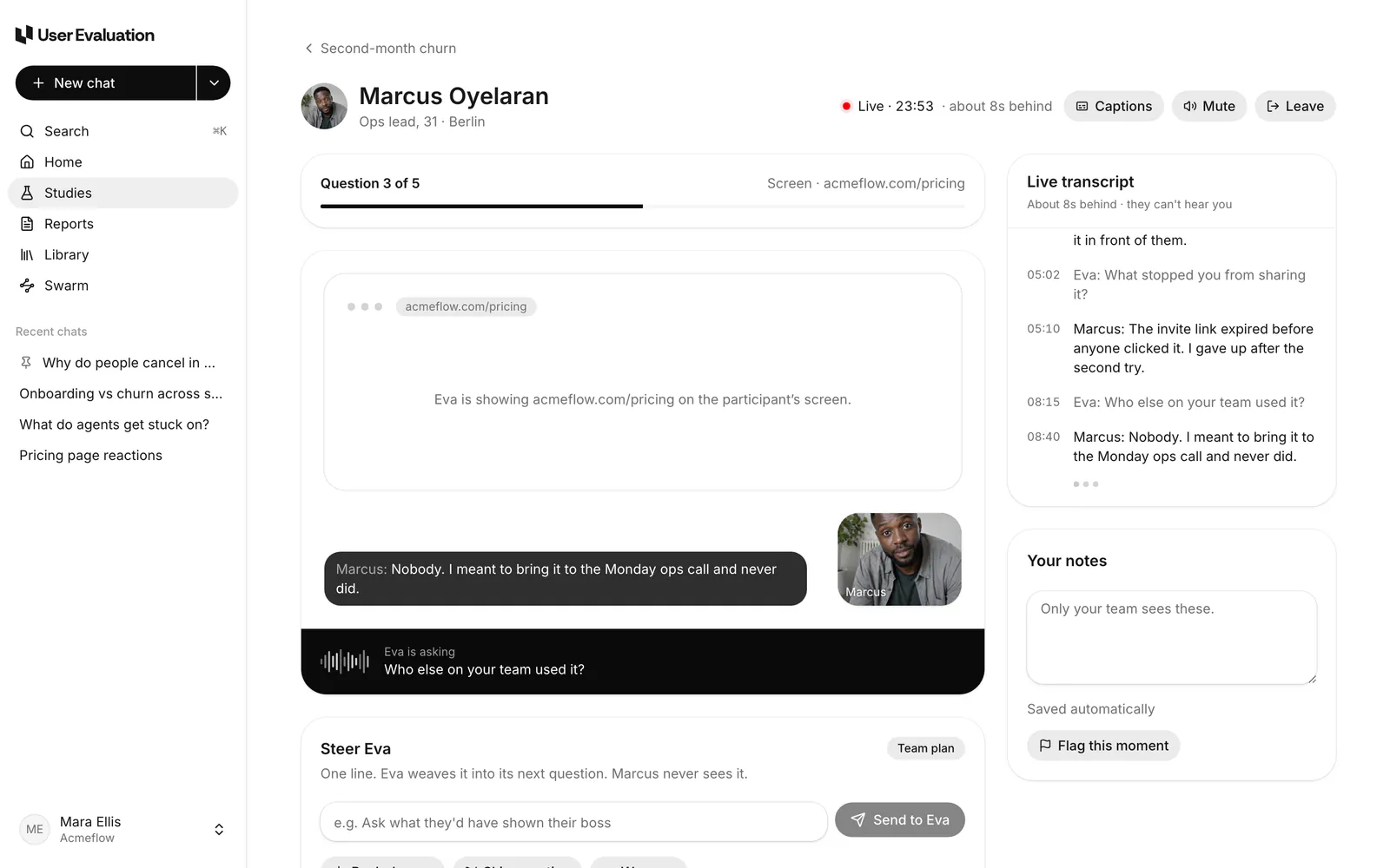 Listening in on an AI interview: live transcript and notes