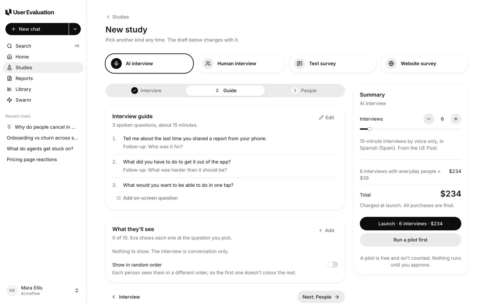 The new-study page with Eva's draft guide and the summary card